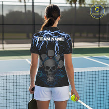 Load image into Gallery viewer, Custom Thunder Blue Flaming Skull Paddle &amp; Ball Pickleball Jerseys Women Pickleball Shirts NYN2229