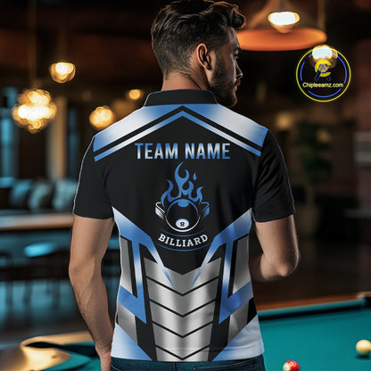 Custom Flame 8 Ball Pool Men Billiard Ball Shirts Gradient Blue & Silver Billiard Pool Jerseys NYN2895