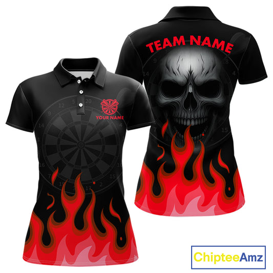 Maroon Flaming Dartboard Grey Skull Darts Shirt For Women - Custom Name & Team Jersey NYN0598