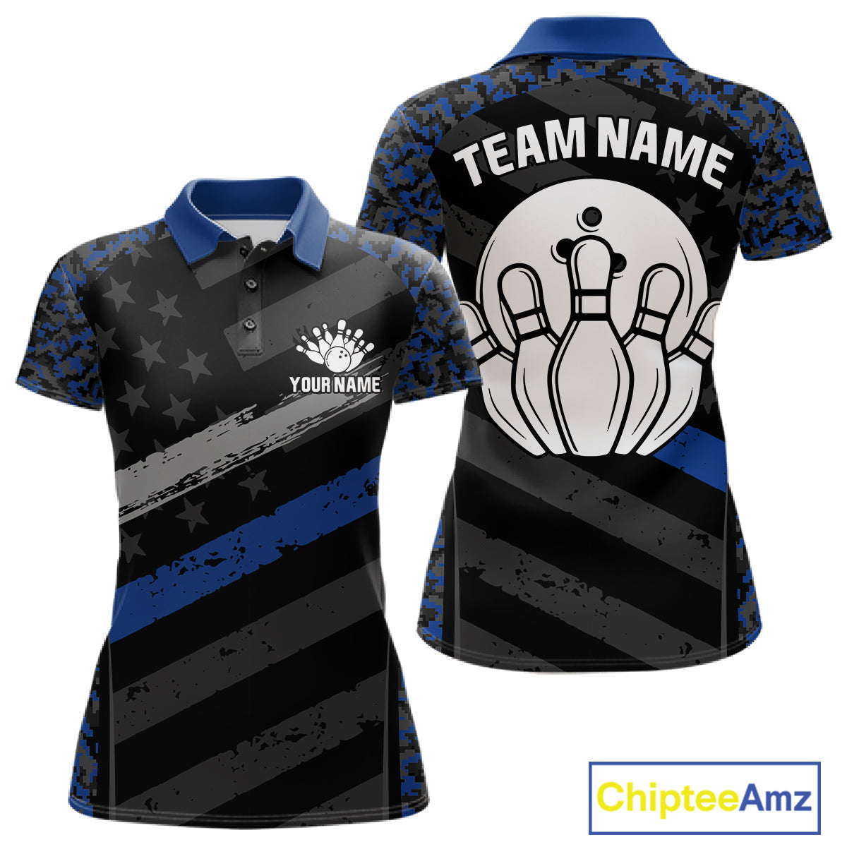 Grey Blue American Flag Women's Bowling Polo Shirt, Personalized Patriotic Bowling Team Jersey, Camo Performance Shirt, Bowling League Apparel, Veteran Tribute, Freedom & Unity