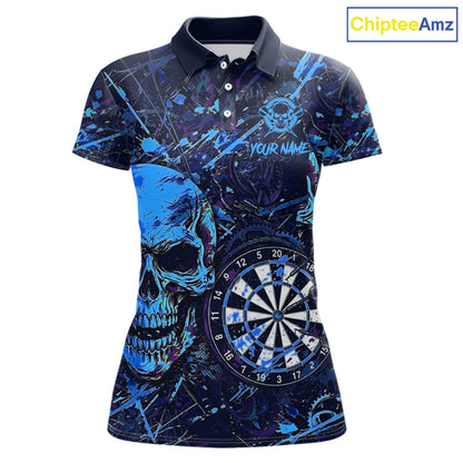 Grunge Blue Purple Horror Skull Women's Darts Polo Shirt, Personalized Splatter Team Jersey, Gothic Tournament Apparel, Custom League Uniform, Skull Graphic Performance Shirt, Fearless, Power & Competitive Mindset
