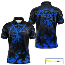 Load image into Gallery viewer, Custom Blue Flaming Dinosaurs Dartboard Polo Dart Shirt For Men Dinosaur Dart Jerseys NYN2007