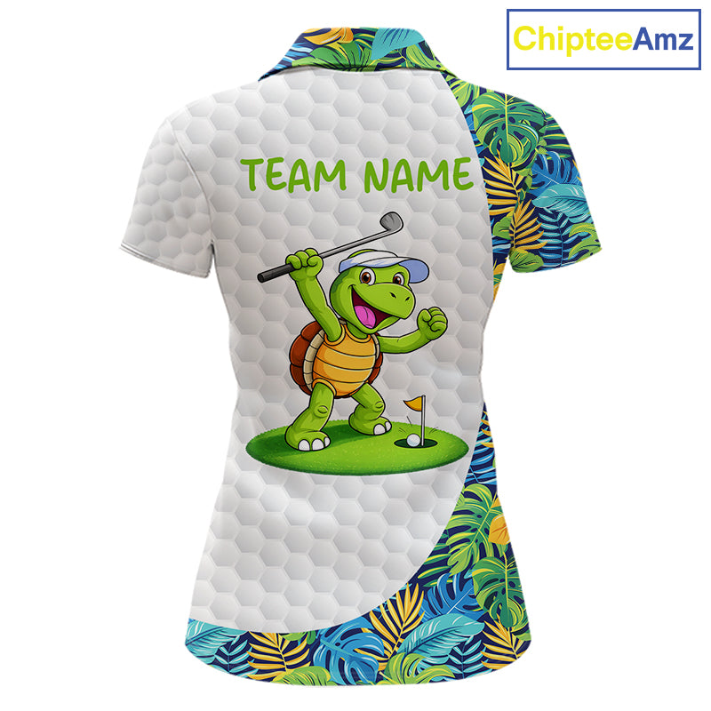 Golfing Turtle Womens Golf Polo Shirt Custom Tropical Pattern Monstera Golf Team Shirts NYN2907