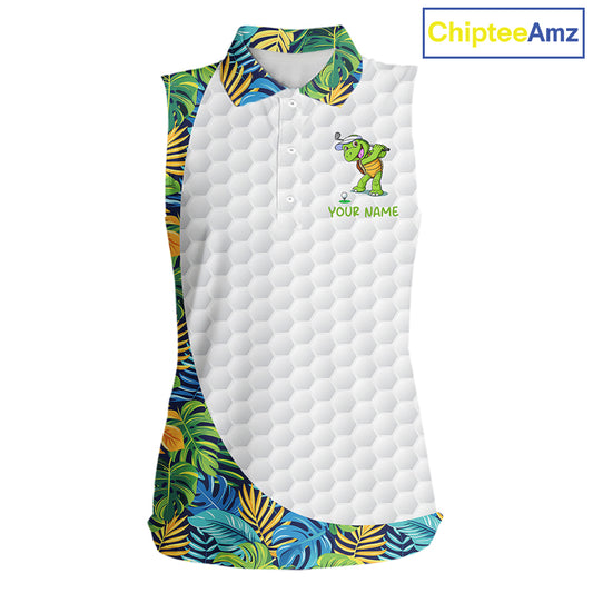 Golfing Turtle Womens Sleeveless Golf Polo Shirt Custom Tropical Pattern Monstera Golf Team Shirts NYN2907