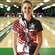 Load image into Gallery viewer, Red, White And Black US Flag Women Bowling Shirt Custom Patriotic Dragon Fire Flame Bowling Team Jersey NYN3276