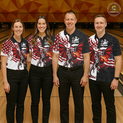 Red, White And Black US Flag Women Bowling Shirt Custom Patriotic Dragon Fire Flame Bowling Team Jersey NYN3276