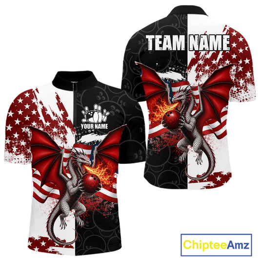 US Flag Men Bowling Shirt Custom Patriotic Dragon Flame Bowling 1/4-Zip 
Jersey 