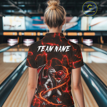 Thunder Lightning Dragon Bowling Shirt For Women Custom Fire Flame Bowling Team Outfits | Red NYN3282