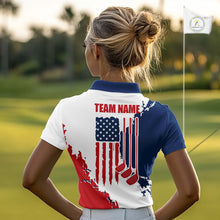 Load image into Gallery viewer, Female golfer wearing American flag golf polo shirt, patriotic golf clothing, custom women's golf apparel