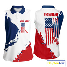Load image into Gallery viewer, Women's American flag golf polo shirt, patriotic golf apparel, custom golf team shirt, red white blue golf uniform, ladies golf gift