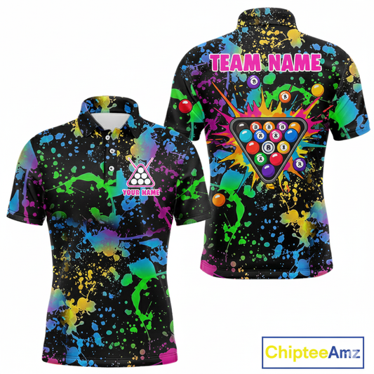 Funny 8 Ball Pool Colorful Paint Splash Custom Name Billiard Shirt For Men Billiard Team Jersey NYN2302