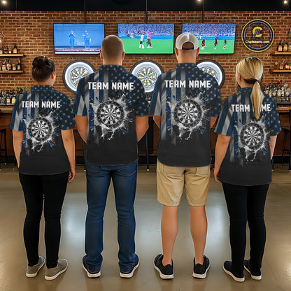 Custom Blue US Flag Water Dartboard Men Darts Quarter-Zip League Shirts Patriotic Dart Jerseys NYN2246