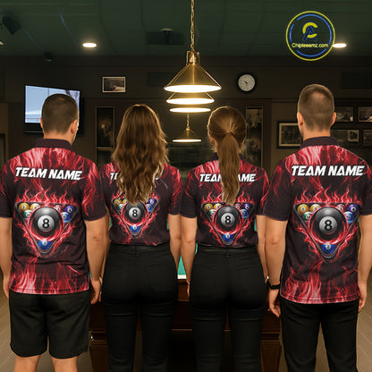 Custom Red Flaming Dragon 8 Ball Billiard Polo Shirts For Men, Dragon Billiard Pool Team Shirt NYN3291