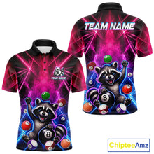 Load image into Gallery viewer, Funny raccoon 8 ball billiard polo shirt with pink and blue smoke design for men