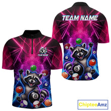 Load image into Gallery viewer, Funny raccoon 8 ball billiard 1/4-zip shirt with pink and blue smoke design for men