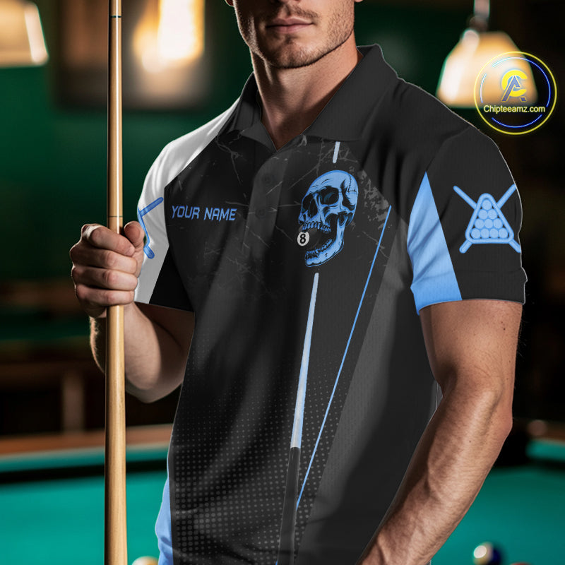 Black And Blue Grunge Skull 8 Ball Billiard Pool Shirts For Men Custom Skull Billiard Team Apparel NYN3299