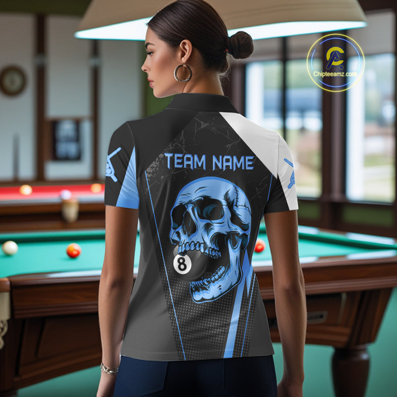 Black And Blue Grunge Skull 8 Ball Billiard Pool Shirts For Women Custom Skull Billiard Team Apparel NYN3299