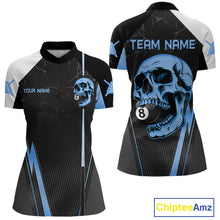 Load image into Gallery viewer, Black and blue skull 8 ball billiard pool 1/4-zip shirt for women custom apparel