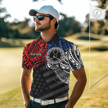 Load image into Gallery viewer, Male golfer wearing American flag tribal golf polo shirt, patriotic golf apparel, men's golf tournament outfit
