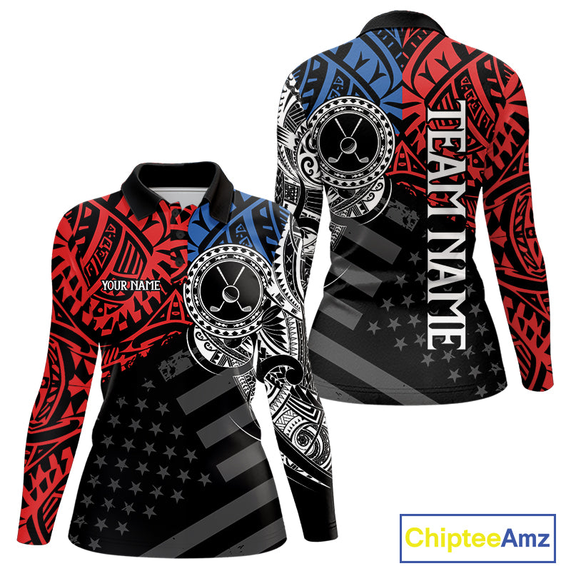 Women's American flag tribal golf long sleeves polo shirt, red blue white golf apparel, patriotic golf shirt, tribal golf team uniform