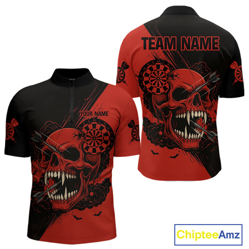 Custom Red Horror Skull Smokes Dartboard Men Quarter-Zip Dart Shirt Grunge Dart Jerseys NYN2027