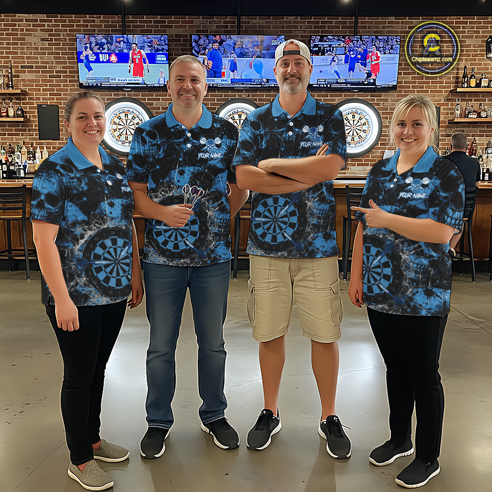 Blue Grunge Skull Cracked Glass Dartboard Custom Men Darts Polo Shirts Dart Team Jerseys NYN2258
