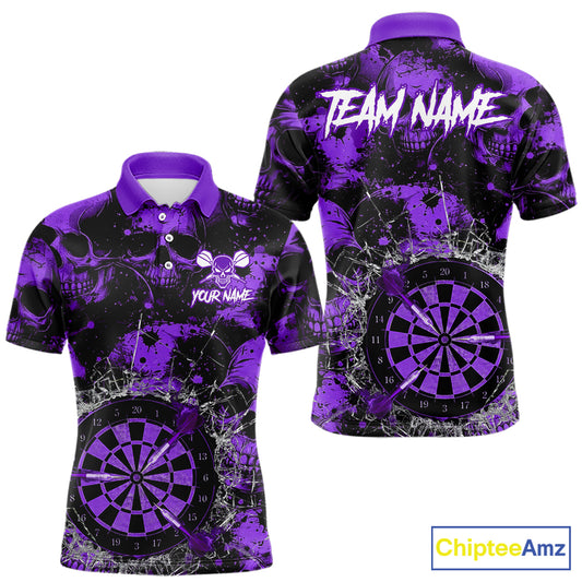 Purple Grunge Skull Cracked Glass Dartboard Custom Men Darts Polo Shirts Dart Team Jerseys NYN2260