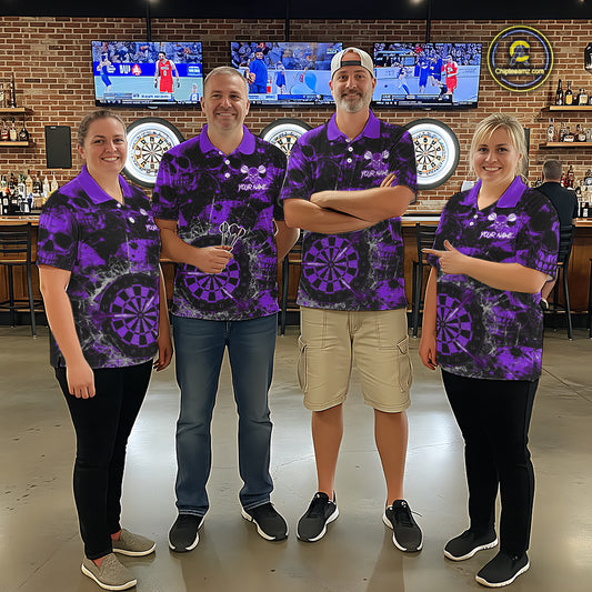 Purple Grunge Skull Cracked Glass Dartboard Custom Women Darts Quarter-Zip Shirts Dart Team Jerseys NYN2260