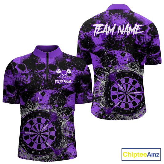Purple Grunge Skull Cracked Glass Dartboard Custom Men Darts Quarter-Zip Shirts Dart Team Jerseys NYN2260