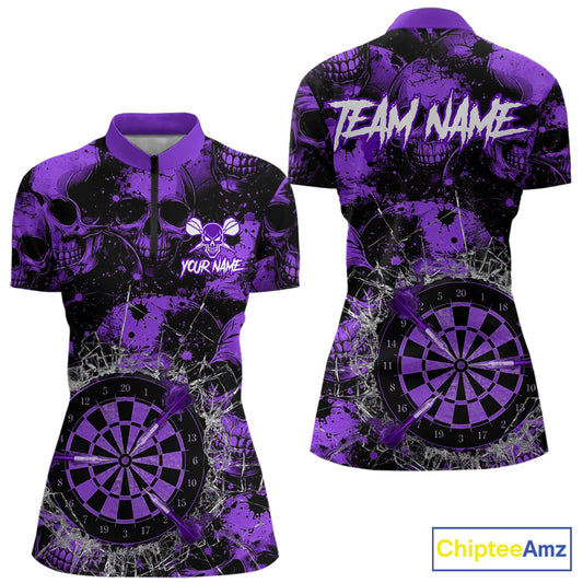 Purple Grunge Skull Cracked Glass Dartboard Custom Women Darts Quarter-Zip Shirts Dart Team Jerseys NYN2260
