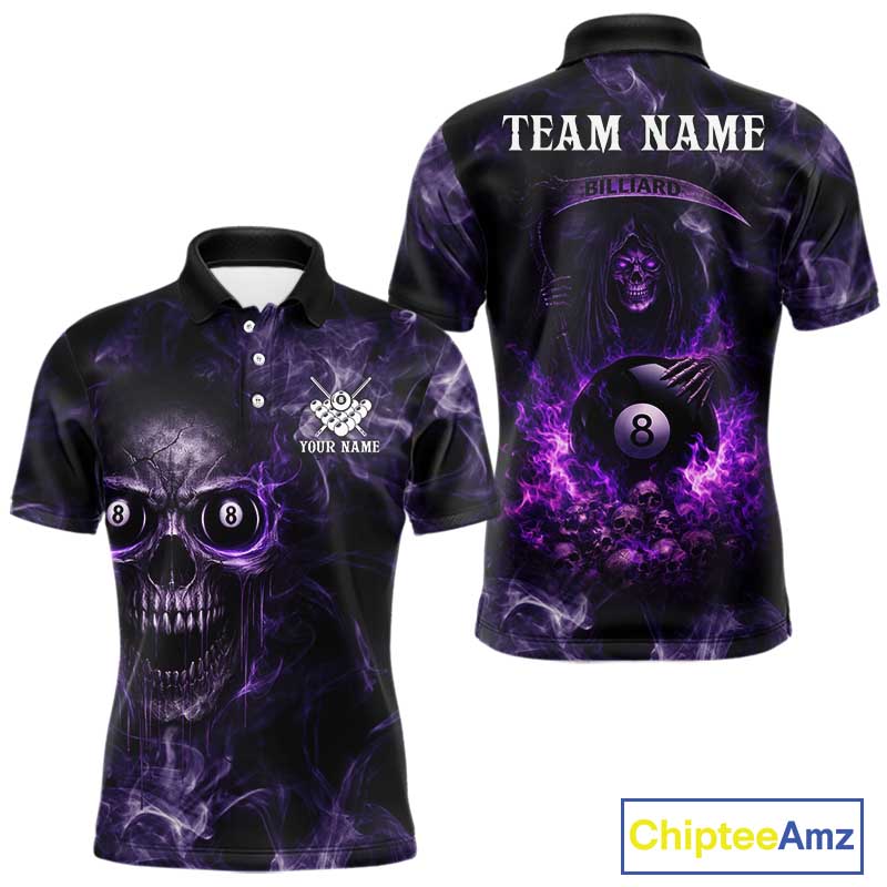 Purple Grim Reaper Billiard Shirts For Men Custom Smoke Skull Flame League Billiard Jerseys NYN2919