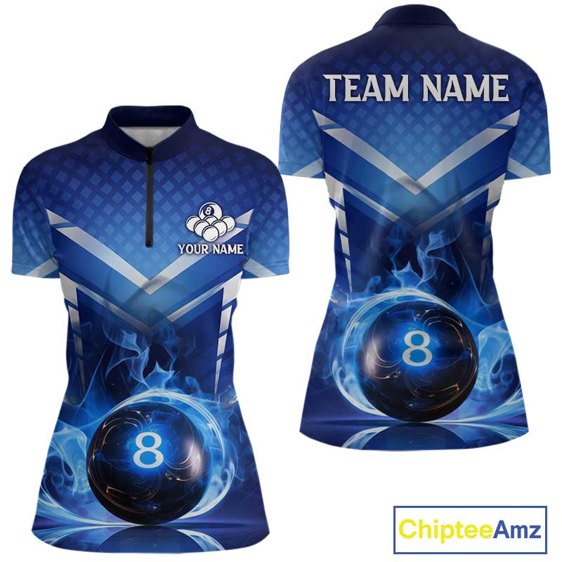 Personalized Blue & Silver Billiard 3D Shirts For Women Ball 8 Flame Billiard Jerseys For Gifts NYN2923