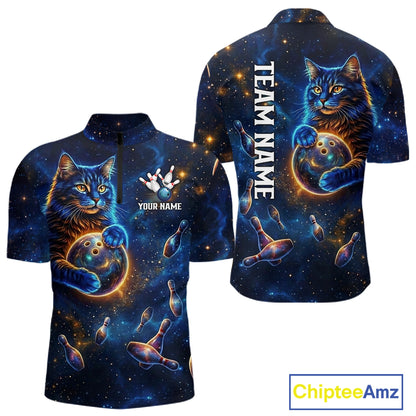 Custom Galaxy Blue Funny Cat Bowling Team Shirt Bowling Jersey Polo & 1/4 Zip Bowling Unisex For Men NYN3123