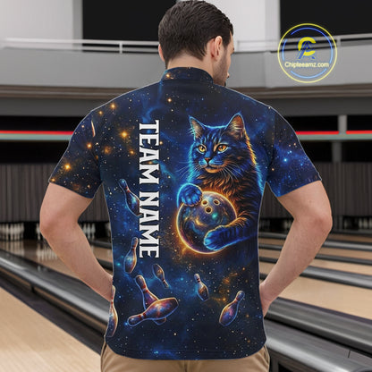 Custom Galaxy Blue Funny Cat Bowling Team Shirt Bowling Jersey Polo & 1/4 Zip Bowling Unisex For Men NYN3123