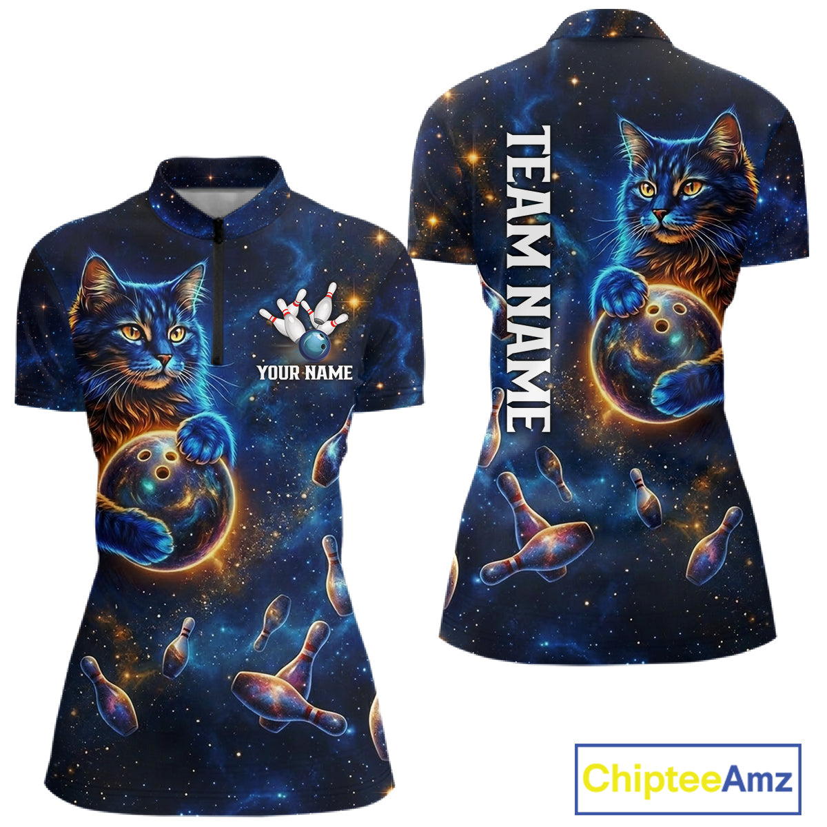 Custom Galaxy Blue Funny Cat Bowling Team Shirt Bowling Jersey Polo & 1/4 Zip Bowling Unisex For Women NYN3123