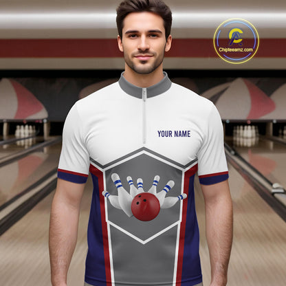 Red, Blue And Gray Bowling Pin Jerseys For Men Custom Bowling Polo 1/4-Zip Shirt, Gift For Bowlers NYN3125