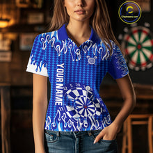 Load image into Gallery viewer, Blue Flames Dart Shirt For Women Dartboard Design - Custom Team &amp; Player Name NYN0345