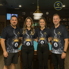 Load image into Gallery viewer, Personalized Gold Crown 8 Ball Mens Billiard Pool Shirts Custom Fire Flame Billiard Jersey | White NYN3310