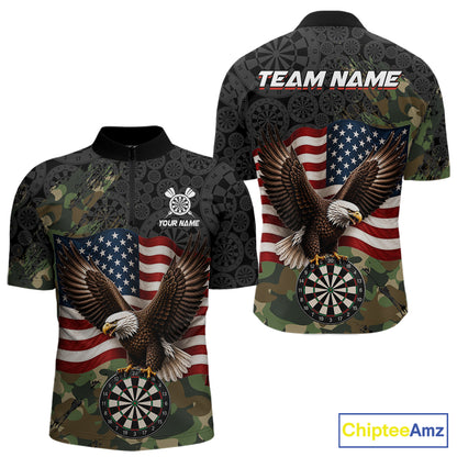 Green Camouflage Eagle Men's Quarter-Zip Darts Shirt, Personalized Patriot Dart League Jersey, Tactical Performance Apparel, Eagle American Flag Tournament Uniform, Strength, Teamwork & Excellence
