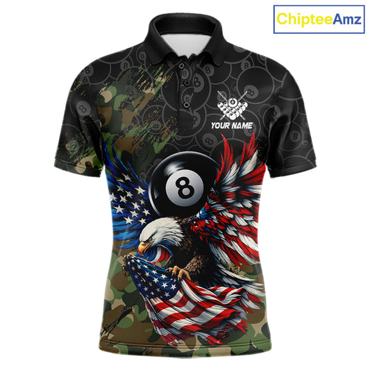 Custom Green Camouflage Eagle American Flag Men's Billiard Polo Shirt, Personalized Tactical Billiard Team Jersey, Performance Cue Sports Apparel, Patriot League Uniform