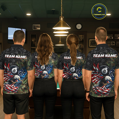 Pool team wearing matching Green Camouflage Eagle polo and quarter-zip jerseys, personalized patriotic billiard uniforms, teamwork, military appreciation, leadership, championship performance