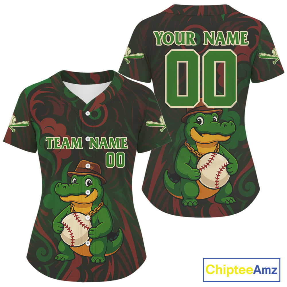 Custom Red And Green Crocodile Funny Baseball Shirt For Women Baseball Tournament Jerseys NYN1507