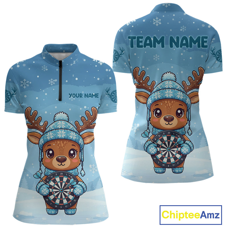 Reindeer Snowflakes Darts Shirt Custom Women 1/4-Zip Dart Jerseys Funny Xmas Dart Jerseys NYN2043
