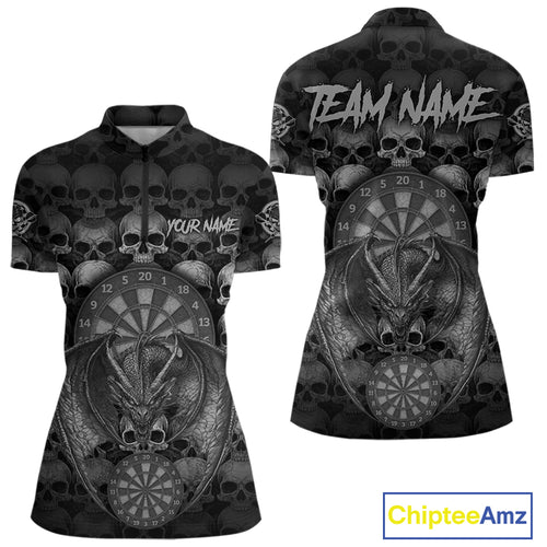 Grey Skull Pattern Dragon Darts League Shirt Custom Retro Skull Women Darts 1/4-Zip Jersey NYN2049