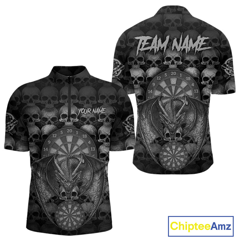 Grey Skull Pattern Dragon Darts League Shirt Custom Retro Skull Men Darts 1/4-Zip Jersey NYN2049