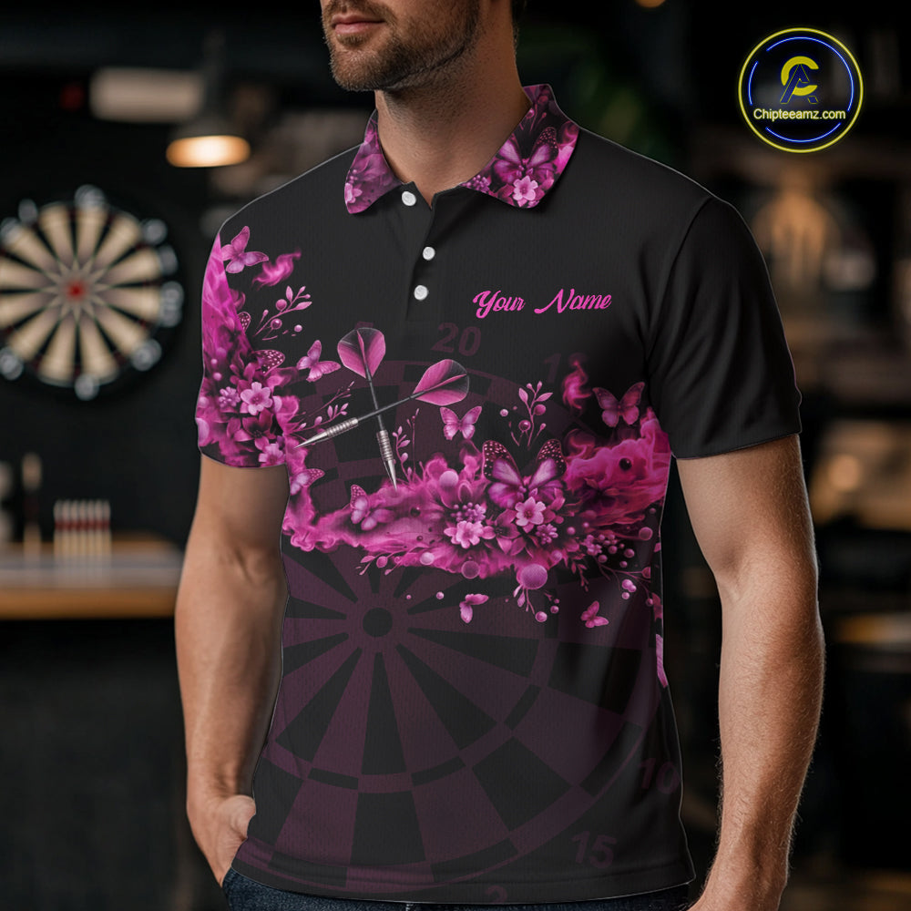 Black And Pink Flowers Smoke Butterflies Custom Men Darts Polo Shirts Dart Team Jerseys NYN2261