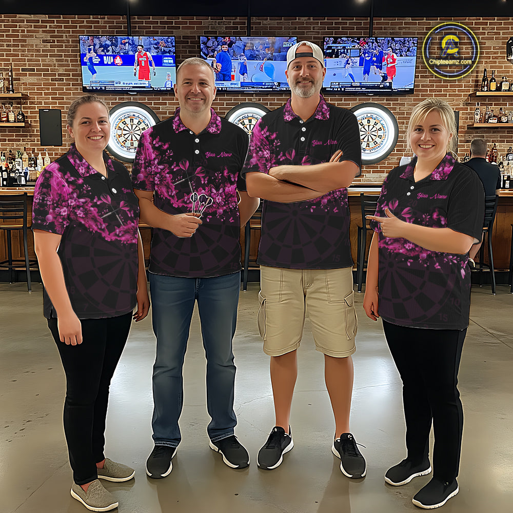 Black And Pink Flowers Smoke Butterflies Custom Men Darts Polo Shirts Dart Team Jerseys NYN2261