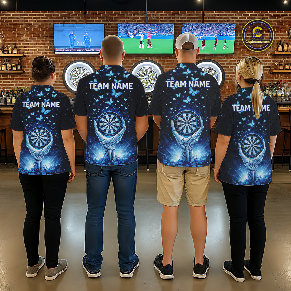 Blue Light Butterflies Skull Dartboard Custom Women Darts Polo Shirts Dart League Jerseys NYN2263