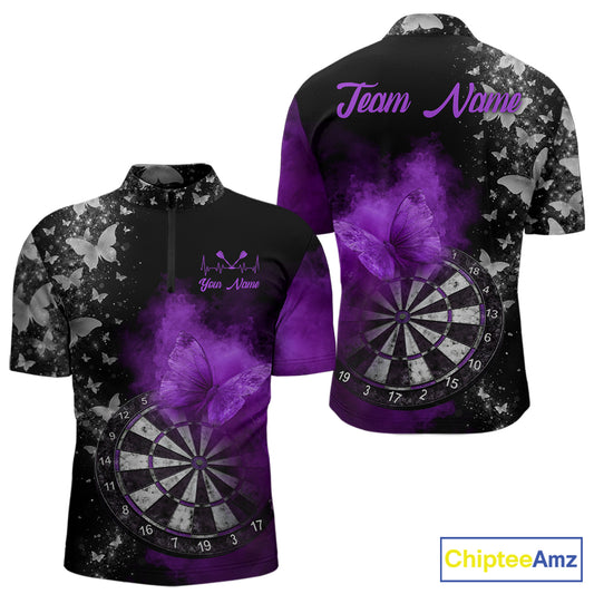 Custom Silver Butterfly Purple Smoking Grunge Dartboard Men Darts Quarter-Zip Shirts Dart Jerseys NYN2268