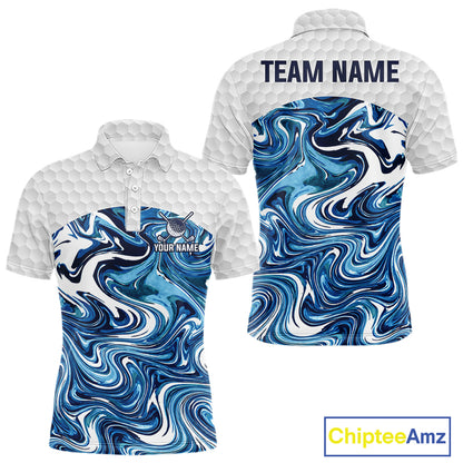 Mens Golf Clothing Blue Fluid Pattern Golf Polo Shirt Custom White Golf Ball Golf Upf Shirts NYN2929